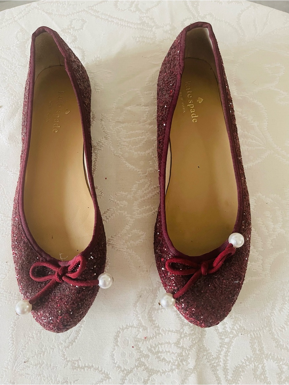 kate spade Burgundy Glitter Ballet Flats with Bow and Pearl Tips